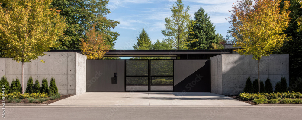 sleek industrial front gate features steel beams and concrete walls, surrounded by lush greenery and trees, creating modern and inviting entrance