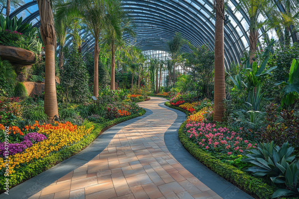 Naklejka premium Conservatory at Gardens by the Bay: Giant glass dome glowing, lush greenery inside, winding walkways, futuristic architecture blending with nature's beauty.