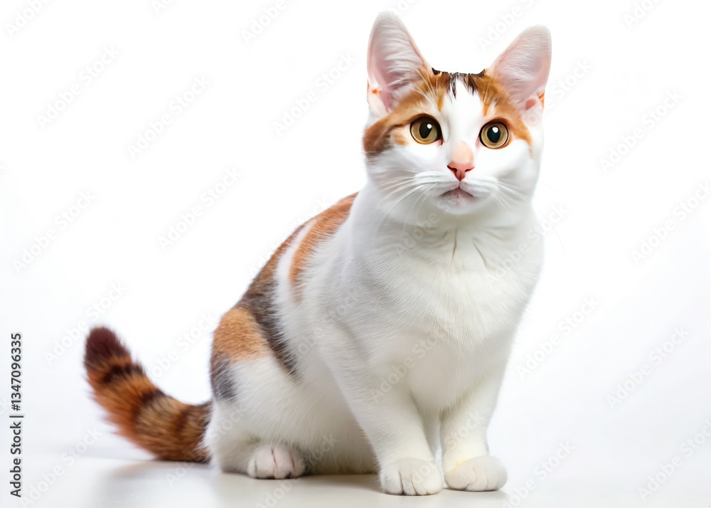 High-resolution image: adorable white Japanese Bobtail cat, full body, cute pose, pure white background. High-resolution image: adorable white Japanese Bobtail cat, full body, cute pose, pure white background.