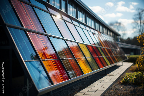 harmonious amalgamation of solar panels seamlessly incorporated into architectural design of a commercial edifice, epitomizing sublime union of innovation and ecological consciousness