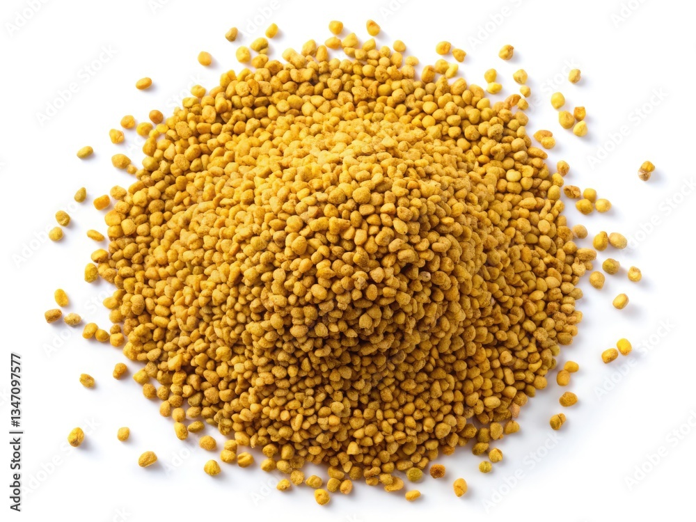 High-resolution image: fenugreek seeds isolated on a pure white background, viewed from above. High-resolution image: fenugreek seeds isolated on a pure white background, viewed from above.