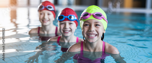 Three girls with swim caps and goggles smile in a swimming pool, showcasing joyful aquatic activity and childhood fun