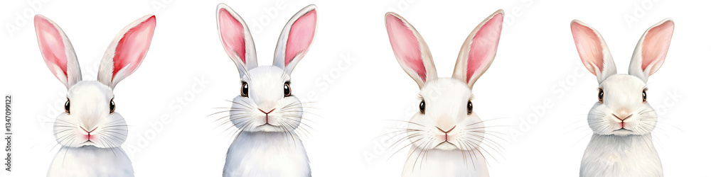 Obraz premium Four White Rabbits with Long Ears and Alert Expressions in Row