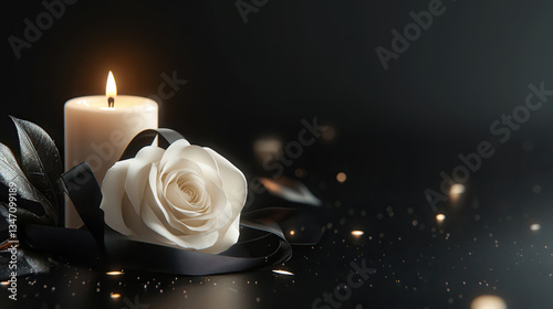 Elegant funeral service banner featuring a white candle and rose on a black background with space for personalized text