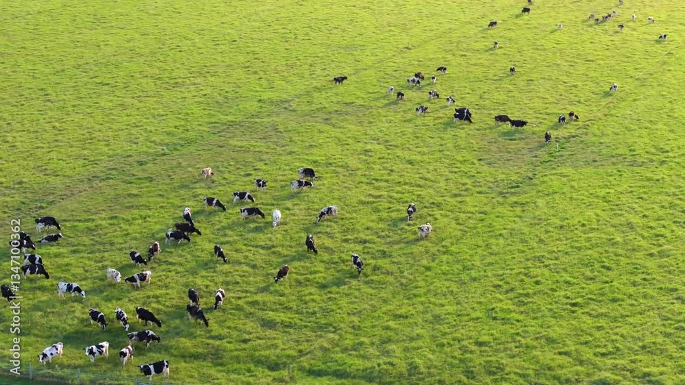 Organic milk and beef production. Free range cows grazing on green farm pasture. Feeding of cattle on farmland grassland Organic milk and beef production. Free range cows grazing on green farm pasture. Feeding of cattle on farmland grassland