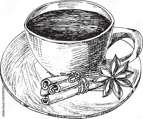 Vector illustration with a cup of coffee or tea on a white saucer and a cinnamon stick with anise. Can be used on fabrics and paper products and other.