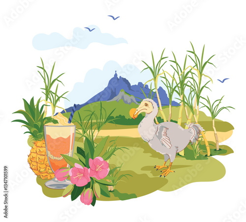 Mauritius landscape and famous landmarks of the island in flat style. Vector sugar cane, Mount Peter, endemic extinct bird Dodo, flowers of Mauritius trochetia boutoniana, pineapple, falooda cocktail.