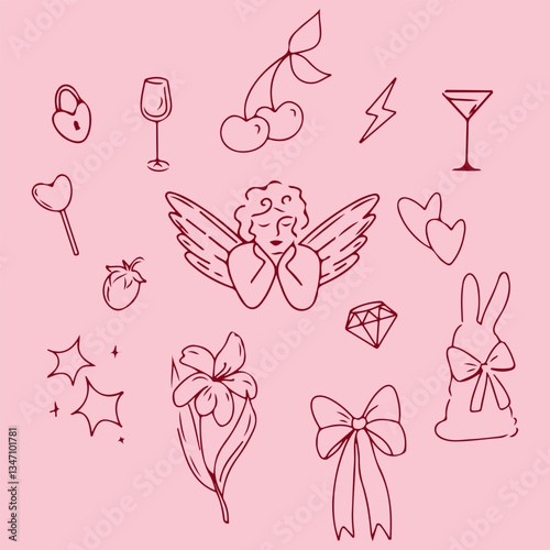 A set of romantic pink doodle illustrations. Cute image of cupid, flowers, stars and hearts.