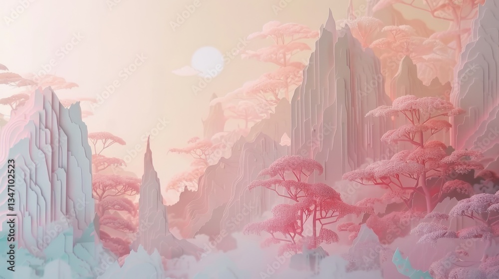 Fototapeta premium The land is covered in misty, pastel-colored forests with floating paper-cut islands and spirit creatures like nine-tailed foxes and glowing butterflies.