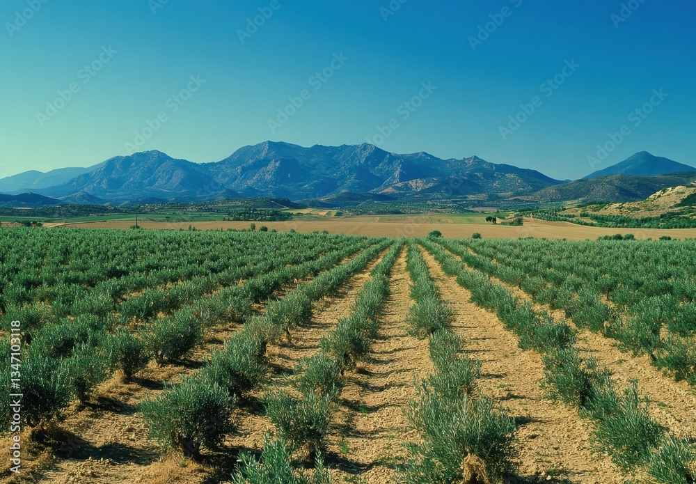 Serene Olive Grove with Mountain Range Under Bright Blue Sky in Rural Landscape, Cultivated Fields and Clear Atmospheric Perspective Serene Olive Grove with Mountain Range Under Bright Blue Sky in Rural Landscape, Cultivated Fields and Clear Atmospheric Perspective