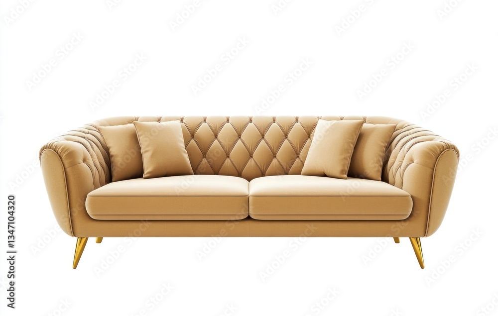 Obraz premium Elegant Beige Velvet Sofa with Diamond Tufting and Accent Pillows