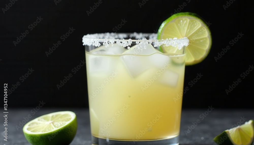 Fototapeta premium A refreshing margarita cocktail with a salted rim and a lime wedge garnish is served over ice, surrounded by lime halves, embodying the vibrant spirit of Cinco de Mayo celebrationsCinco, Mayo, margari