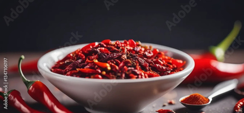 Raw and dry chilli pepper on the wooden table. Close up. 