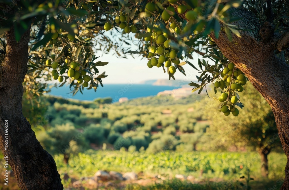Fototapeta premium Serenity in Nature: Olive Trees Overlooking the Tranquil Sea and Lush Vineyard Landscape under Bright Blue Sky