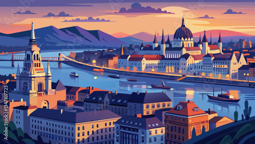 Late evening panorama of Budapest.