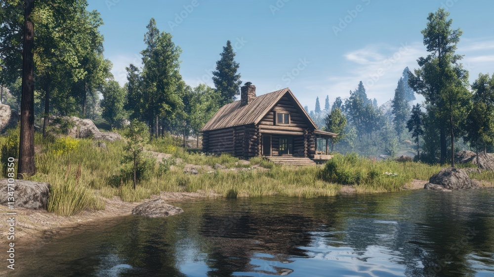 A wooden cabin is placed beside a reflective lake A wooden cabin is placed beside a reflective lake