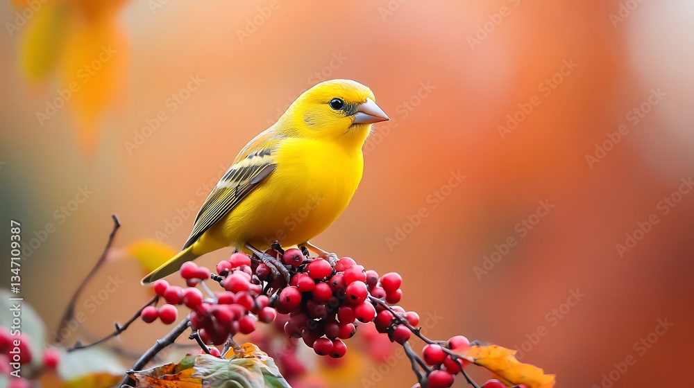 Obraz premium Gorgeous yellow bird on red berries with autumn colors around