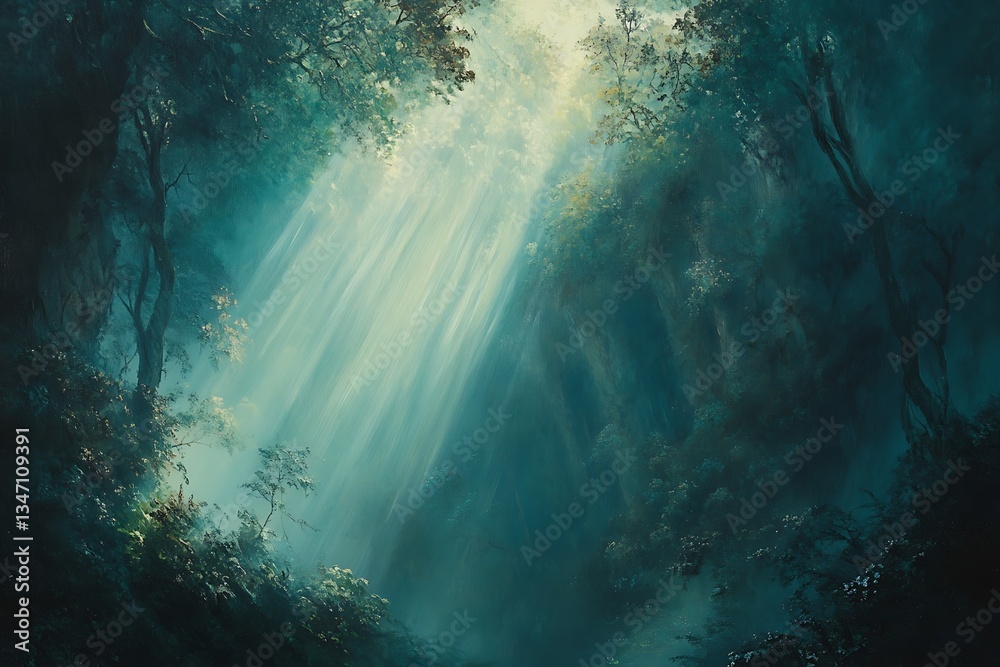 Fototapeta premium Early glow in gorge forms a spellbinding second surpassing everyday world with a soft blend of beams and haze revealing ravine’s charming essence 