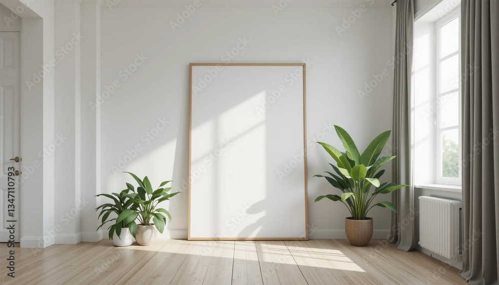Fototapeta premium Serene white room art frame display surrounded by vibrant plants bringing life into minimalist home decor bright natural light