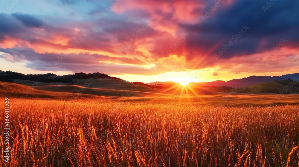 Sunset landscape over golden fields nature scene tranquil environment wide angle view serene concept