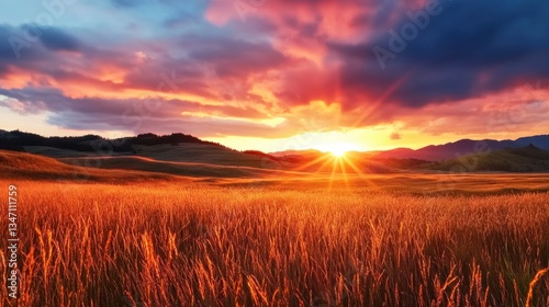 Sunset landscape over golden fields nature scene tranquil environment wide angle view serene concept