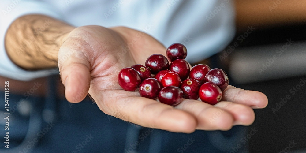 Red coffee beans in a man's hand. Close-up Red coffee beans in a man's hand. Close-up