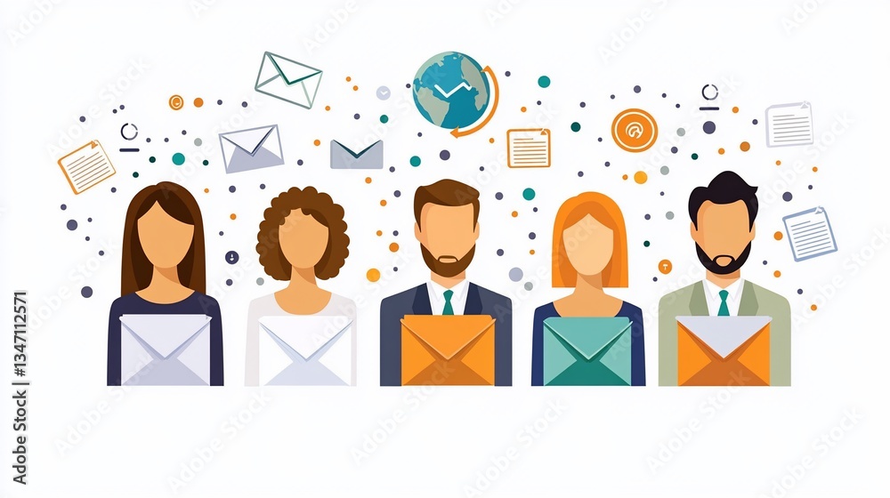 Global team receiving emails; online communication, teamwork Global team receiving emails; online communication, teamwork