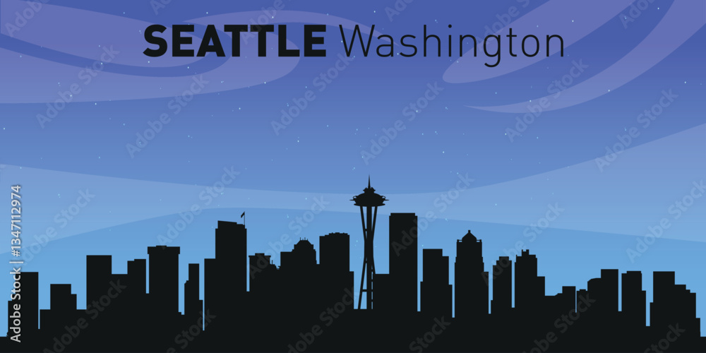 Fototapeta premium a silhouette of a city skyline with the text “Seattle, Washington” in the upper part.