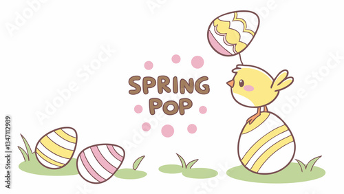 Cute easter spring pop illustration with chick and eggs for greeting card and design idea