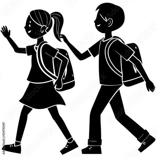 A vector silhouette of a boy and girl walking together, their backpacks creating a youthful, 