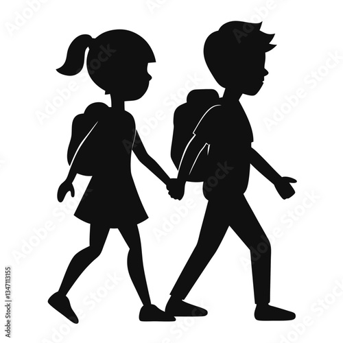 A vector silhouette of a boy and girl walking together, their backpacks creating a youthful, 
