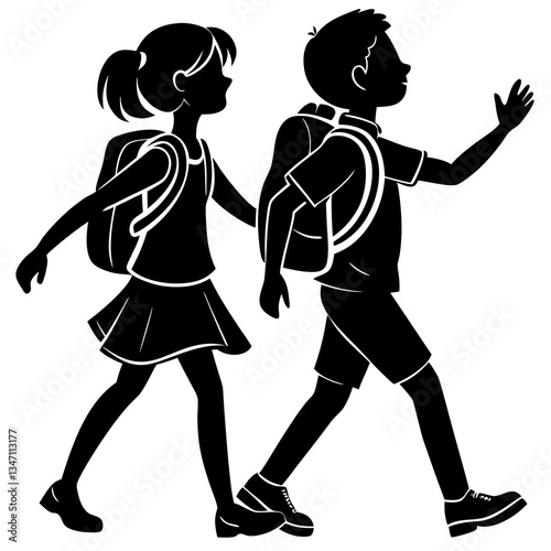 A vector silhouette of a boy and girl walking together, their backpacks creating a youthful, 