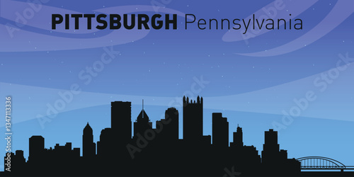 Silhouette of the skyline of Pittsburgh, Pennsylvania against the background of the night starry sky
