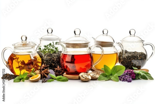 Various glass teapots filled with herbal tea transparent background