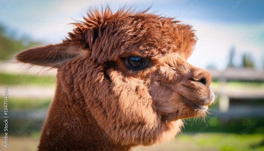 Fototapeta premium Portrait of cute brown alpaca, farm animal.