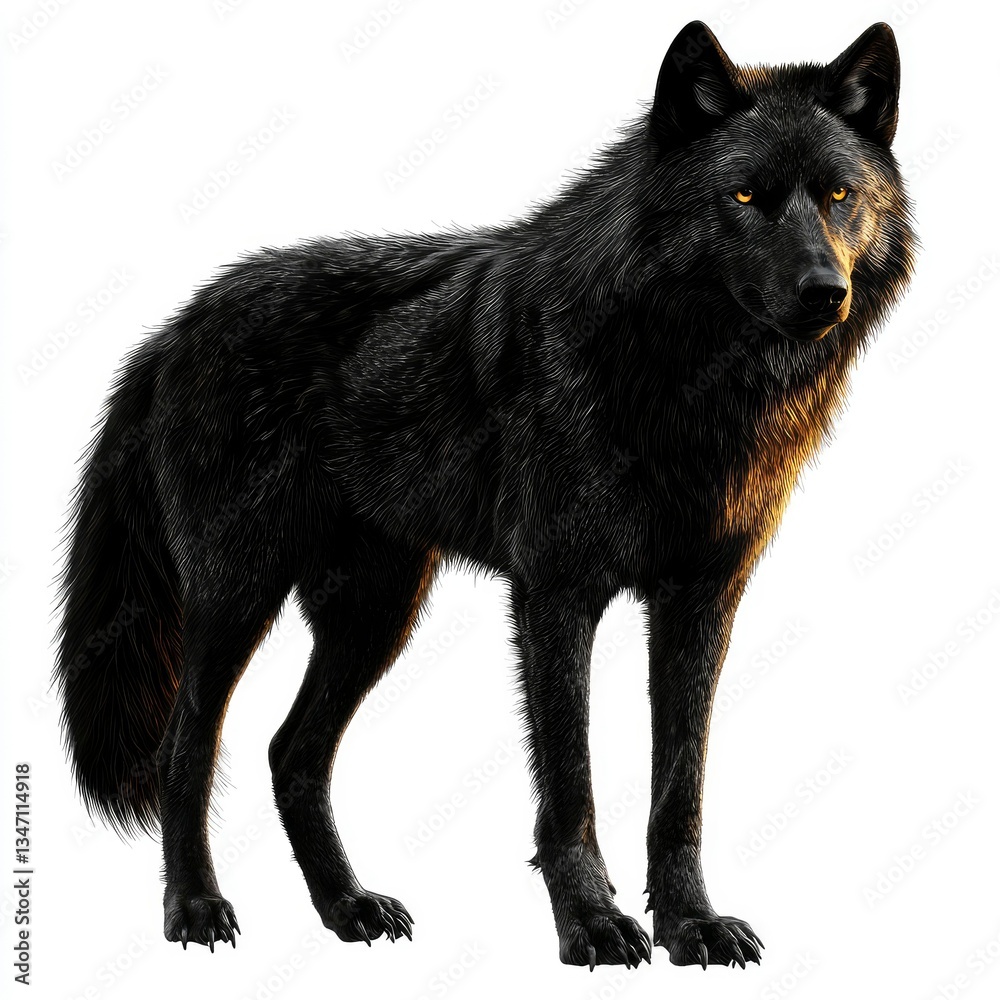 Naklejka premium Majestic Black Wolf Standing on White Background - 3D Render
