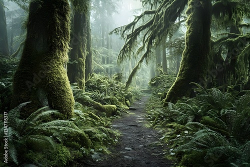 Misty Forest Trail Mossy Trees, Ferns, and Lush Greenery