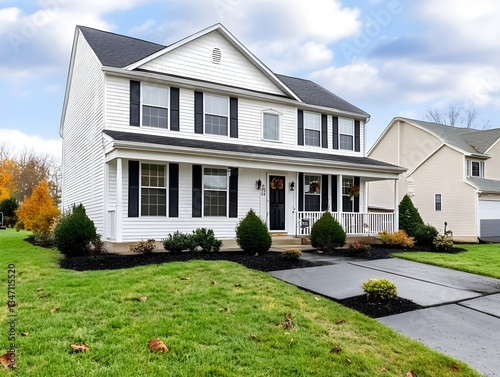 TwoStory Suburban Home, White Siding, Black Shutters, Autumn
