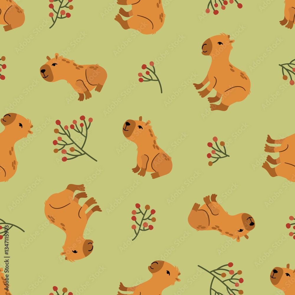 Fototapeta premium Seamless pattern with cute capybaras. Design for fabric, textile, wallpaper, packaging 