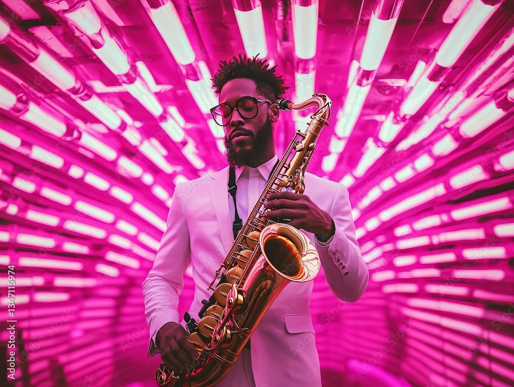 Fototapeta premium Saxophonist in Pink Light