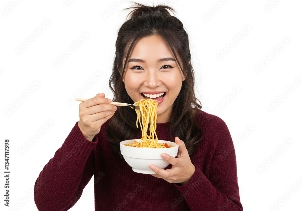 Joyful Asian woman enjoying delicious noodles in a bowl, wearing a burgundy sweater, isolated on white background. Joyful Asian woman enjoying delicious noodles in a bowl, wearing a burgundy sweater, isolated on white background.