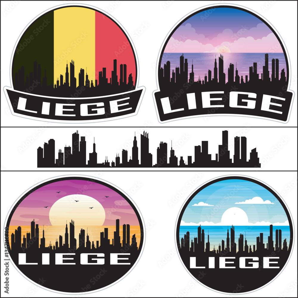 Obraz premium Liege Belgium Flag Skyline Cityscape Silhouette Travel Souvenir Sticker Isolated Vector