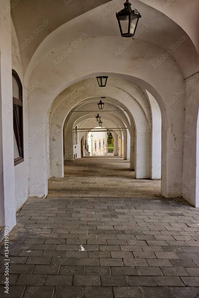 Fototapeta premium Beautiful Gothic arcade in the historic city. Old architectural style. Arcade with Gothic ceiling. Beautiful architectural background. Gothic, style, composition, view.