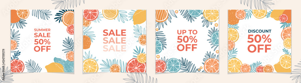 Obraz premium Set of four stylish summer sale banners with tropical citrus fruits and leaves. Perfect for seasonal promotions, digital ads, social media, online marketing, branding, banner, cover, label, poster, sa