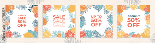 Set of four stylish summer sale banners with tropical citrus fruits and leaves. Perfect for seasonal promotions, digital ads, social media, online marketing, branding, banner, cover, label, poster, sa