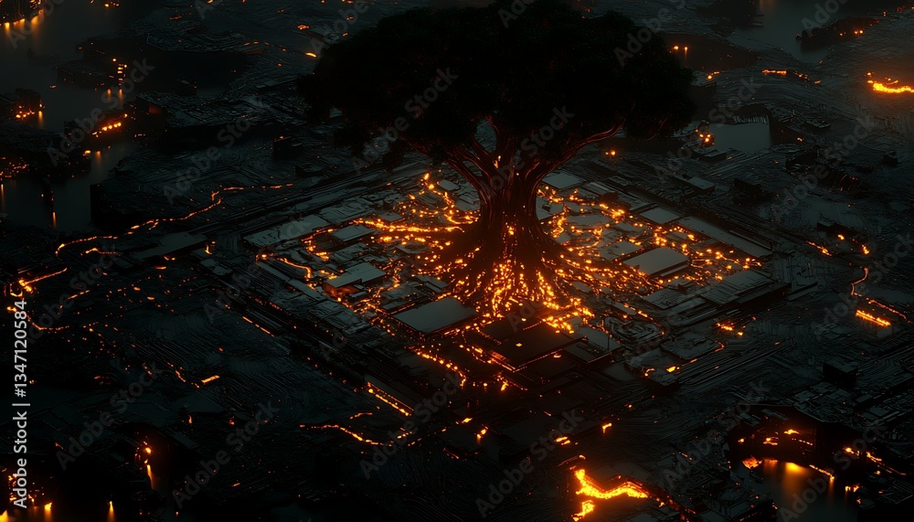 Fototapeta premium Glowing tree growing on a grid cityscape, data center