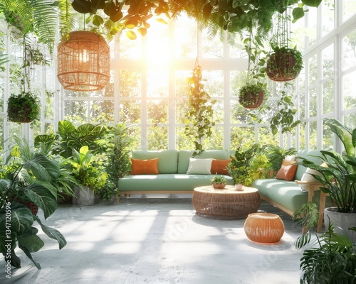 A serene sunroom filled with greenery and comfortable seating