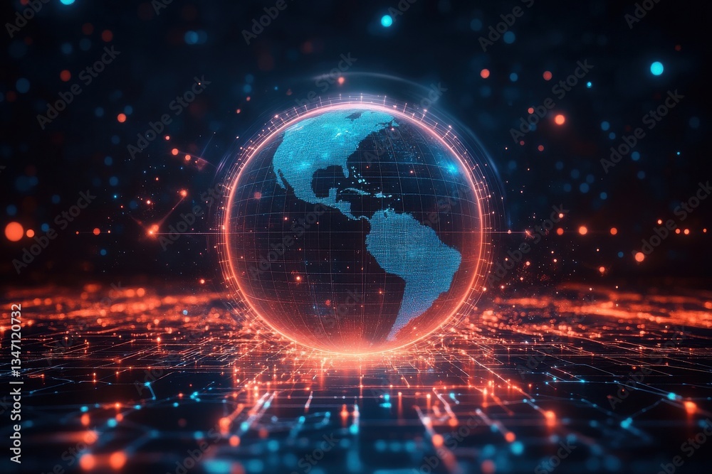 Obraz premium Global fintech innovation: digital diagram featuring a futuristic planet hologram