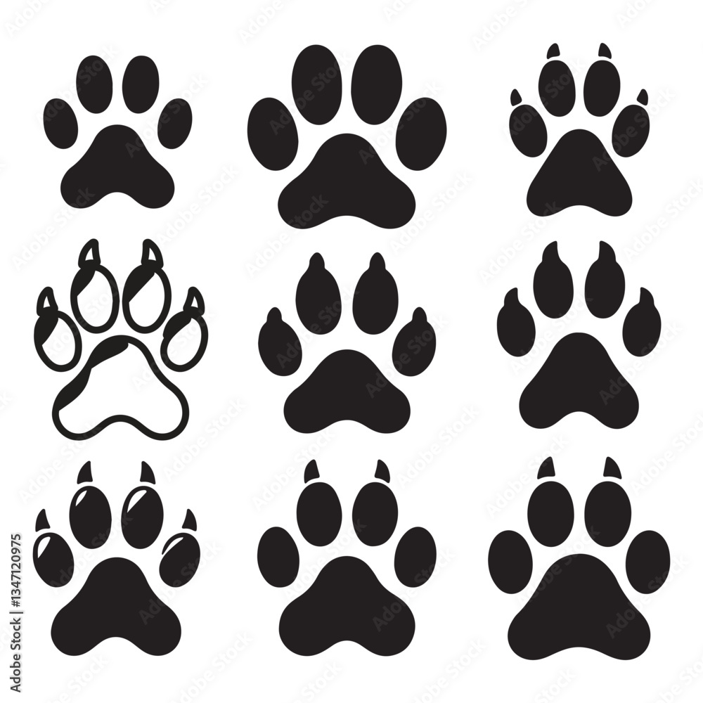 A set of dog paw silhouette vector icon A set of dog paw silhouette vector icon