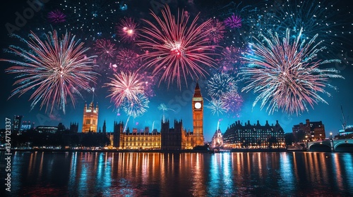 Fireworks display over London's Houses of Parliament at night, reflecting in the Thames River.
